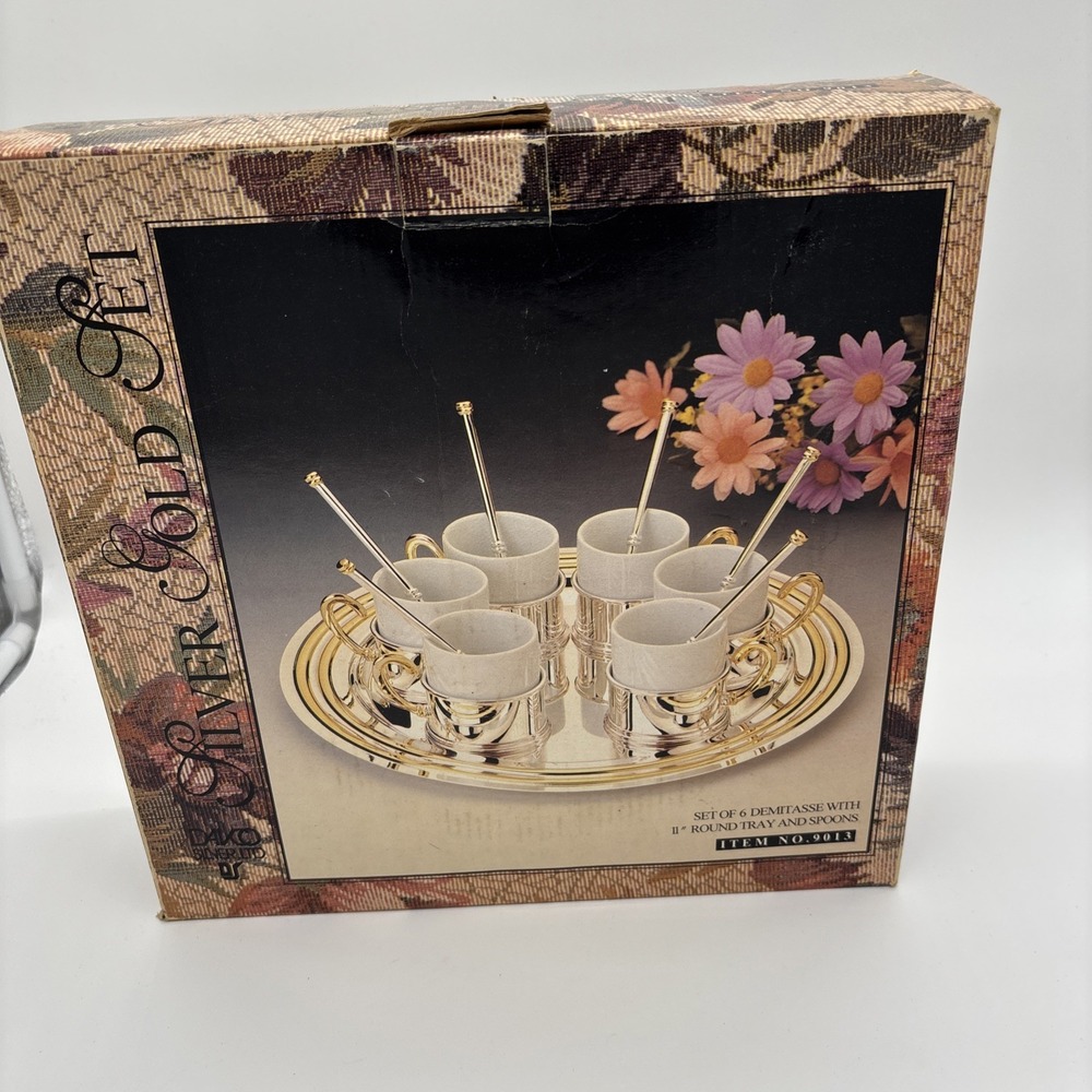 Vintage Davco‎ Silver Gold Set  Set of 6 Demitasse w/11" Round Tray & Spoons New